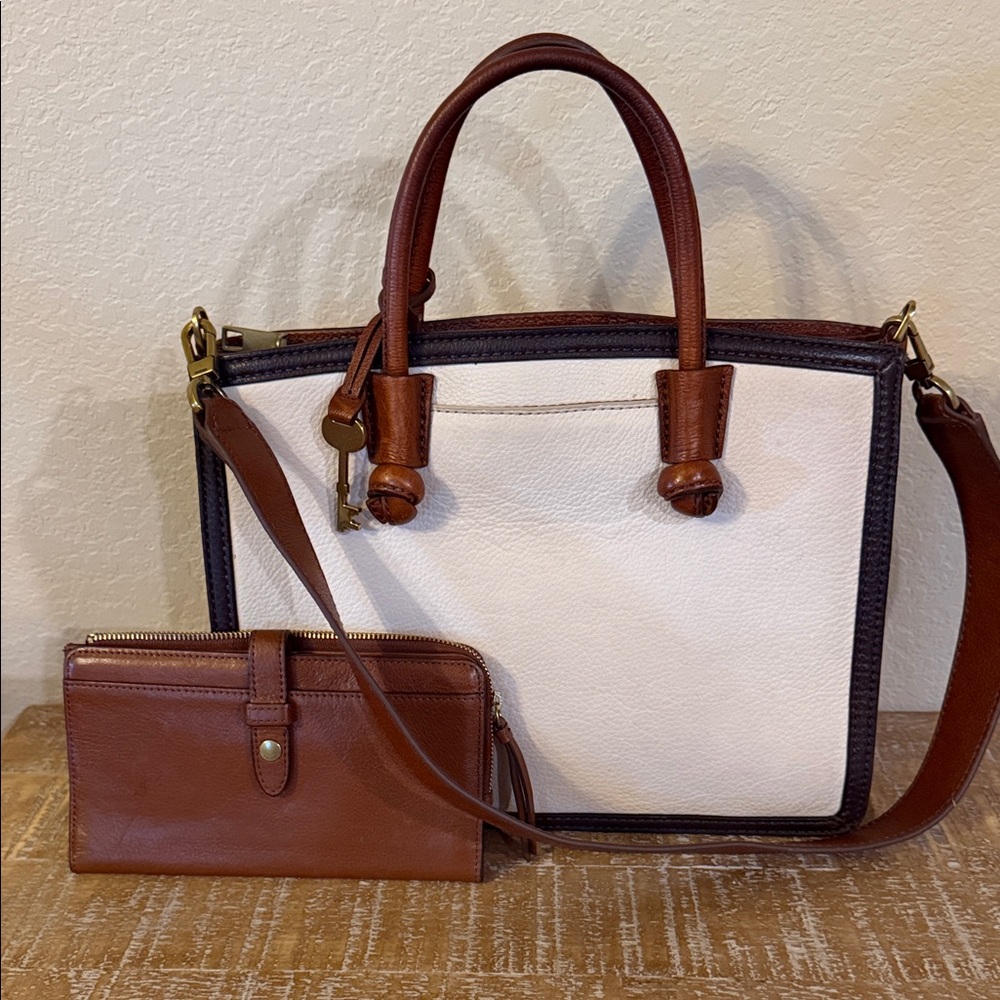 Fossil White and Brown Satchel Set